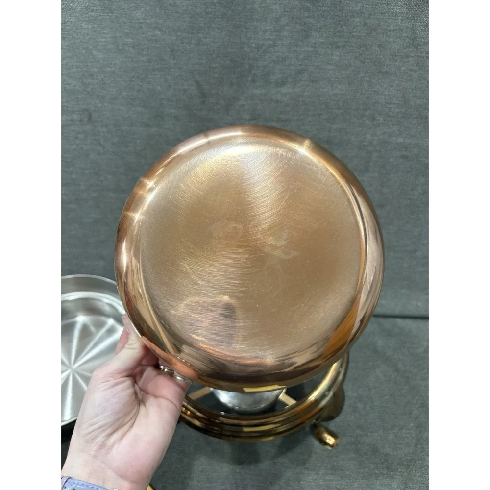 Large Copper Solid Brass Vintage Pan Dish Heavy Chafing Fondue Pot & Pasta 9